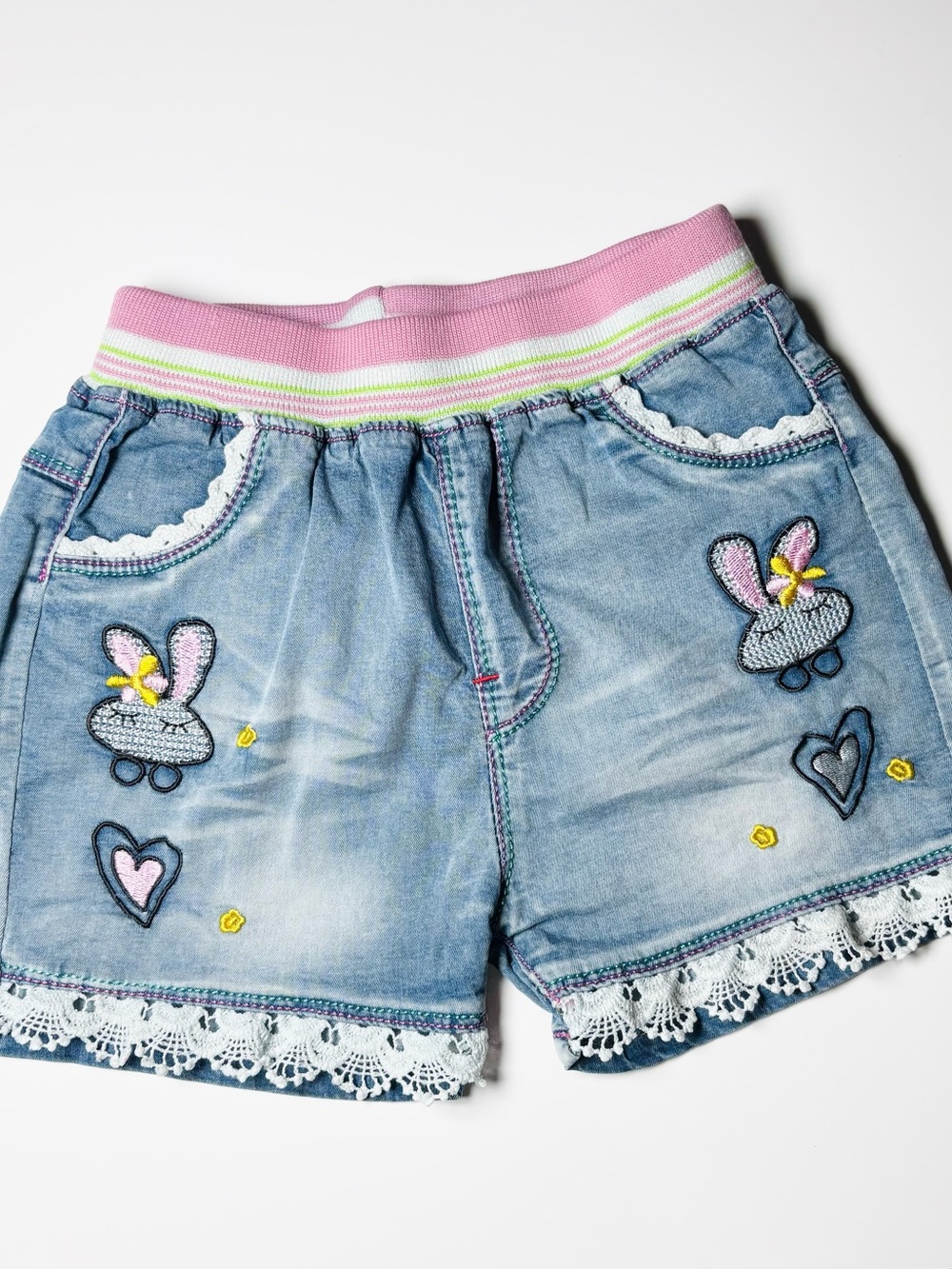 Girls Light Wash Denim Bunny Shorts Eyelet Lace Trim Elastic Waist Kawaii